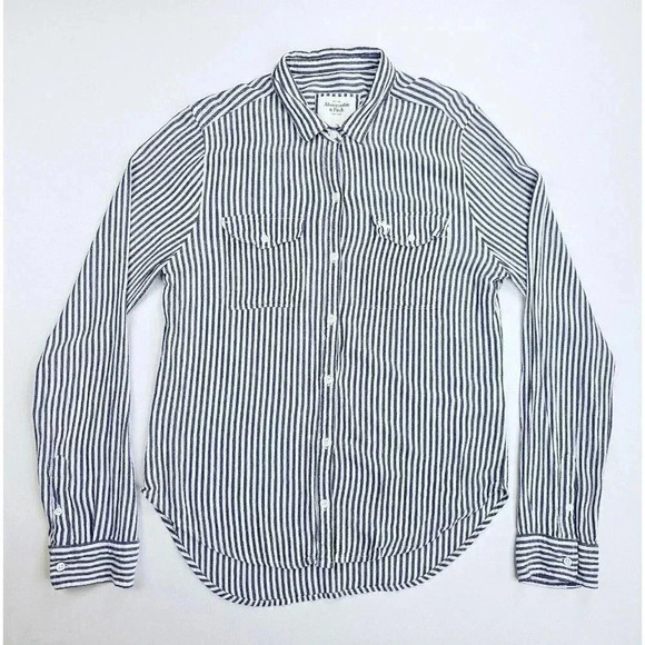 Abercrombie & Fitch Size Medium Women's Blue White Stripe Logo Viscose Shirt - Picture 1 of 12